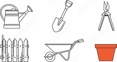 Collection of garden tools and elements including watering can shovel pruners fence wheelbarrow and pot flat vector icons for gardening and landscaping concepts