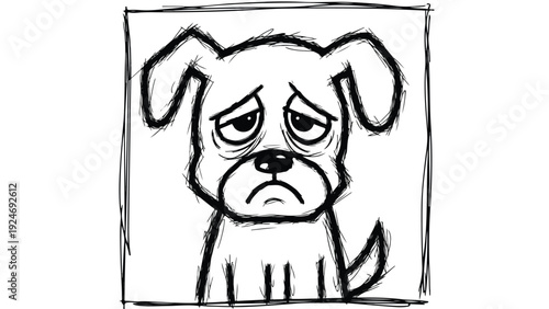 A displeased dog cartoon with a frowning face and crossed eyes in a simple black line drawing on a white background