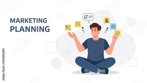 Marketing Planning Concept: Man Meditating with Sticky Notes and Icons