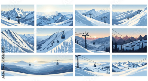 Collection of winter mountain landscapes featuring ski lifts and gondolas under various sky conditions, from sunrise to sunset.