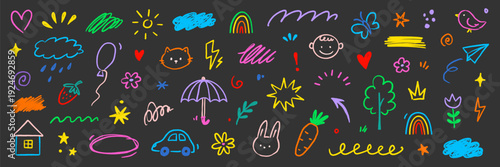 Kid cute baby childish element set. Cute kid school doodle sketch rainbow, sun, cloud background. Children preschool cartoon icons with happy face, house, tree, bird and heart. Vector illustration