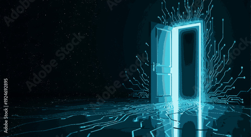 Glowing blue door ajar in dark room with circuit lines and mysterious atmosphere futuristic technology concept