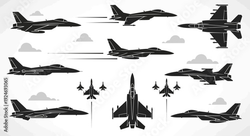 Collection of black silhouette fighter jets in various flight positions with motion trails and clouds, military aircraft vector set.