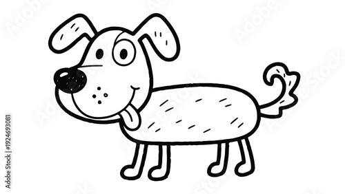 A cheerful dog cartoon with simple lines and minimal details against a clean white background