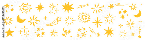 Star gold sticker icon collage set. Star icon sketch hand drawn line brush crayon texture vintage background. Cute kid magic twinkle sparkle, glow moon, space figure. Vector illustration