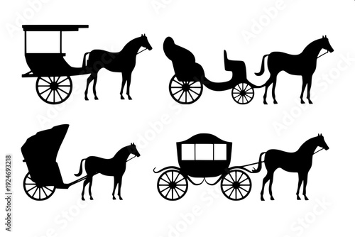 Classic royal carriage with horse, detailed harness and floral garland, monochrome vector art, vintage engraving style