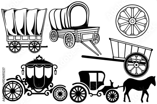 Classic royal carriage with horse, detailed harness and floral garland, monochrome vector art, vintage engraving style