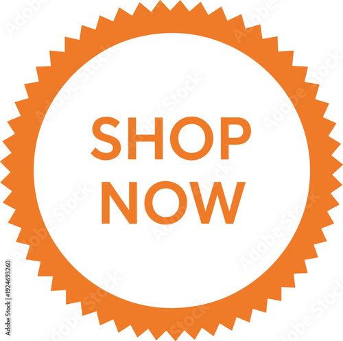 Shop now badge call to action label promotional sale sticker orange starburst seal flat vector illustration marketing design