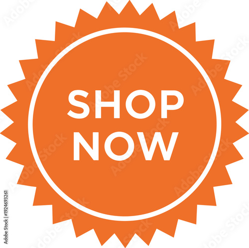 Shop now orange starburst badge call to action promotional sale sticker ecommerce marketing label flat vector illustration isolated design
