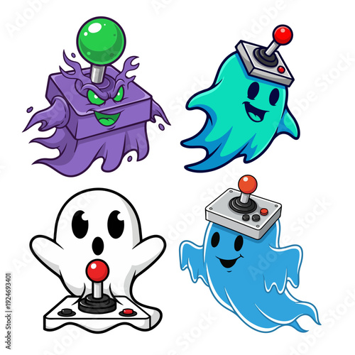 Collection of Four Cartoon Ghost Illustrations Merged with Retro Arcade Joysticks and Game Controllers
