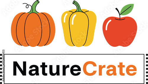 Nature crate organic fruits and vegetables logo with pumpkin bell pepper and apple healthy farm food flat vector illustration
