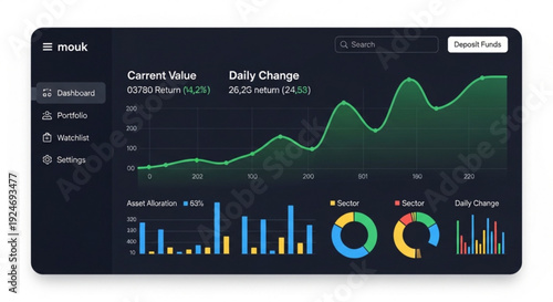 Financial dashboard with line graph and bar charts on dark background