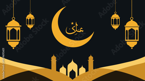 Festive and Spiritual Illustrative Background for Islamic Holidays featuring Moon Mosque and Lanterns