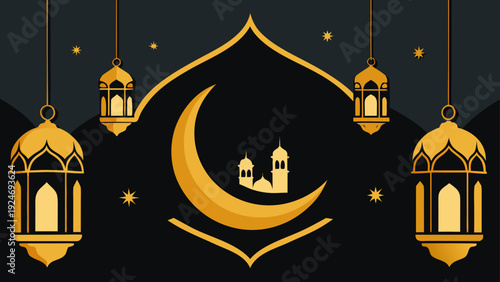 Minimalist Festive Illustration of Ramadan Celebration with Crescent Moon Mosque and Lanterns