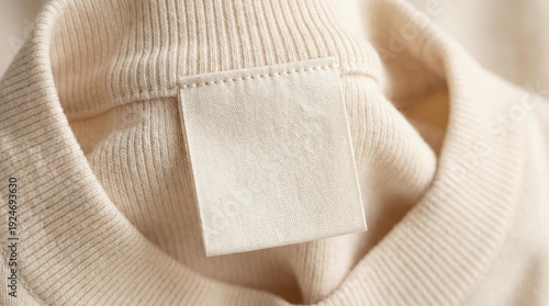 Close-up of blank clothing label on beige sweater