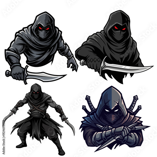 Collection of Four Stealth Assassin Illustrations Featuring Hooded Rogues with Daggers and Glowing Eyes