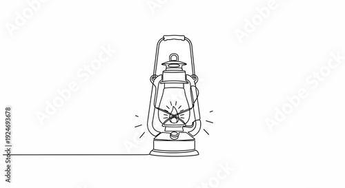 Vintage kerosene lantern, glowing flame, simple line art, white background, retro lighting