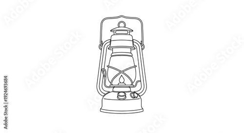 Vintage kerosene lantern, old oil lamp with handle, line art illustration isolated on white background.