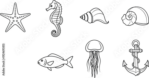 Collection of marine life and nautical icons simple line art vector illustrations for summer or ocean themes isolated on white