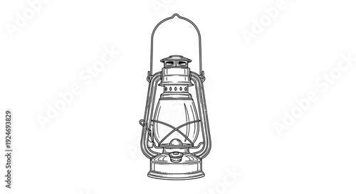 Vintage Oil Lantern Drawing, Old Style Kerosene Lamp Illustration, Retro Lighting Icon