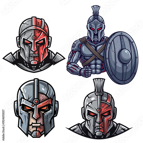 Collection of Four Cybernetic Warrior Illustrations Featuring Spartan and Roman Helmets with Robotic Enhancements
