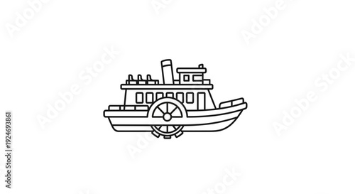 Vintage Paddle Steamer Boat Outline Icon Vector Illustration