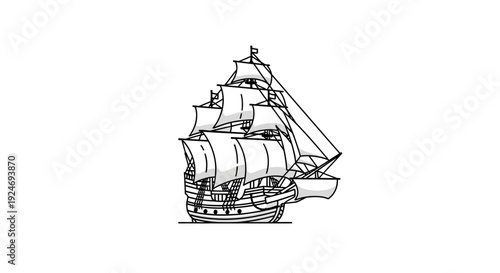 Vintage Sailing Ship Illustration: Black and White Line Art of a Majestic Tall Ship