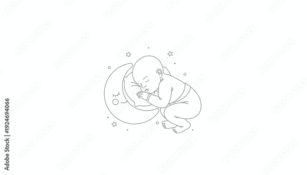 Obraz premium Sleeping Baby on Moon with Stars - Cute Newborn Dream Illustration