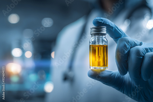 Scientist holds a vial of yellow liquid in laboratory during research and experimentation