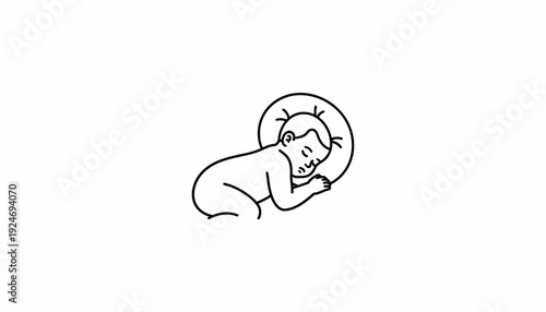 Sleeping baby Jesus with halo, minimalist line art, religious icon, symbol of peace and innocence