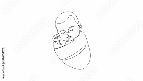 Sleeping Newborn Baby Wrapped in Blanket, Minimalist Line Art, Peaceful Infant Dreams