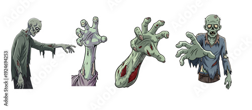 Collection of Four Zombie Illustrations Including Reaching Green Hands and Full Body Undead Figures