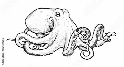 Detailed Line Drawing of an Octopus.