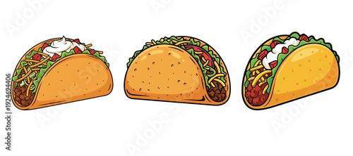 Collection of Three Beef Tacos with Hard Corn Shells, Shredded Lettuce, Cheese, and Tomatoes