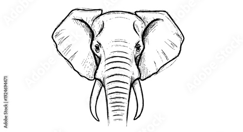 Detailed Black and White Elephant Head Illustration.