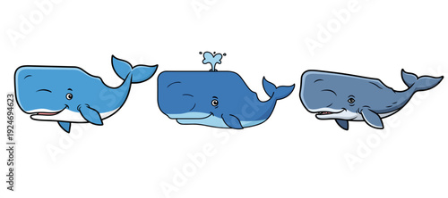 Collection of Three Happy Blue Whale Mascots Including One Spouting Water