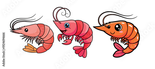 Collection of Three Shrimp Mascots with Varying Personalities Including a Happy and a Mischievous Character