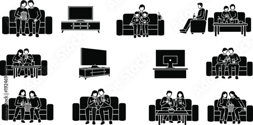 Family watching television silhouettes set, people sitting on sofa with TV black vector illustration isolated on white background