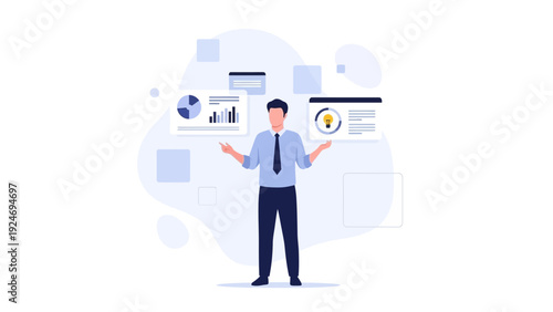 Businessman analyzing data charts and ideas, multitasking concept