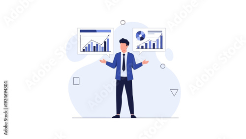 Businessman analyzing financial charts and graphs, data visualization