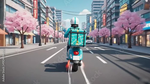 Delivery Scooter on Blossom Lined Street in Japanese City.
