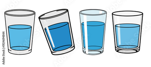 Collection of Four Transparent Glasses Filled with Blue Water at Various Angles