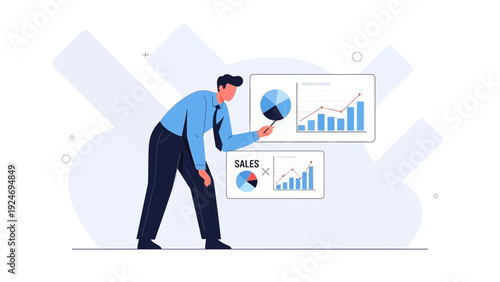 Businessman analyzing financial charts with magnifying glass, business analytics concept
