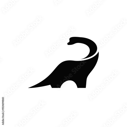 Minimalist Black Dinosaur Silhouette Logo Icon. Simple Stylized Brontosaurus or Sauropod Design on White Background.