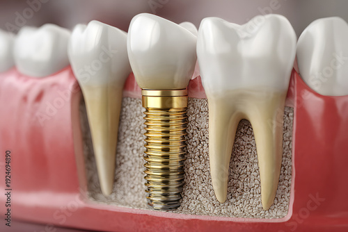Detailed view of dental implant procedure showing artificial tooth and surrounding gums