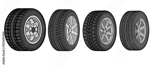 Collection of Four Car Tires with Different Tread Patterns and Silver Rims