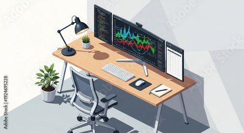 Modern home office workspace with computer monitor and office supplies on a wooden desk