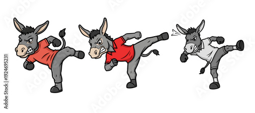 Collection of Three Donkey Mascots in Mid-Kick Action Poses Wearing T-Shirts