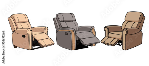 Collection of Three Comfortable Padded Recliner Armchairs in Different Colors