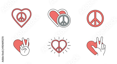 Collection of peace and love vector icons featuring hearts, peace signs, and hand gestures in red and grey.